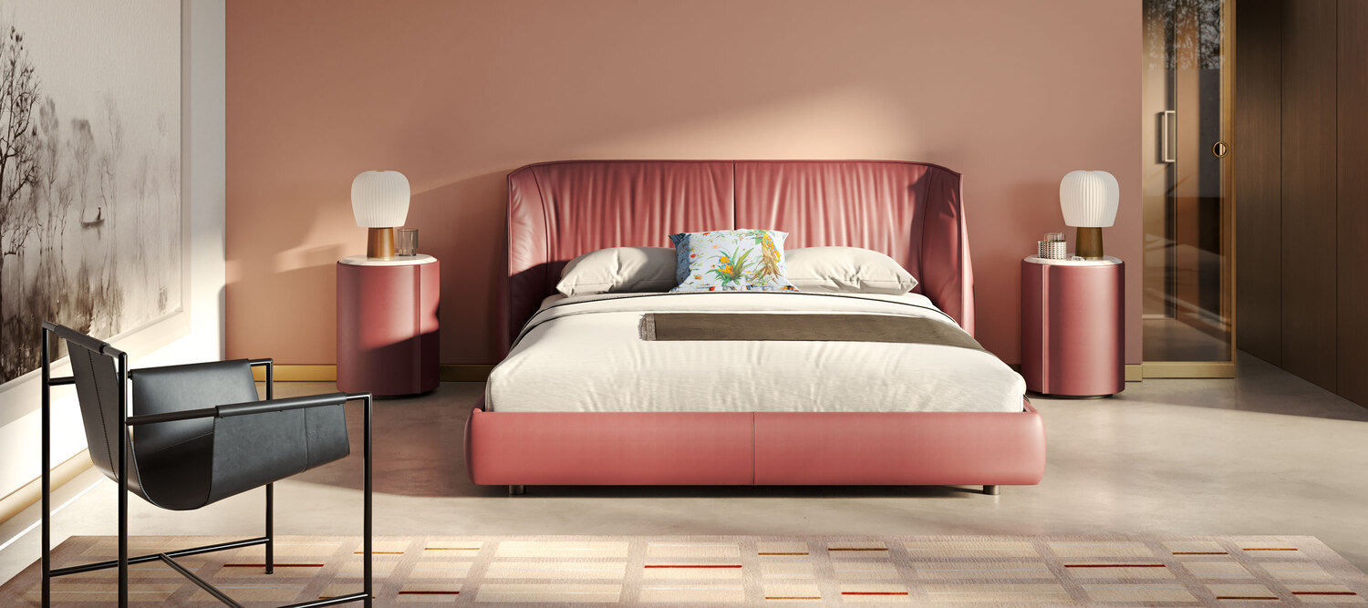 Archibald bed by Poltrona Frau, with leather headboard and handcrafted wooden frame, refined Italian design.